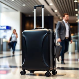 A stylish, modern luggage set featuring a sleek, hardshell suitcase in an elegant black finish with smooth, silent wheels and an ergonomic handle