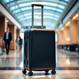 A stylish, modern luggage set featuring a sleek, hardshell suitcase in an elegant black finish with smooth, silent wheels and an ergonomic handle