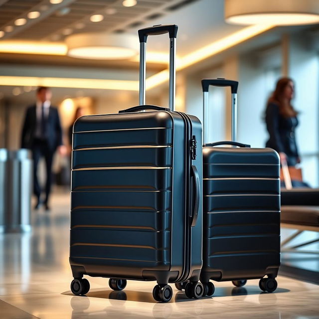 A stylish, modern luggage set featuring a sleek, hardshell suitcase in an elegant black finish with smooth, silent wheels and an ergonomic handle