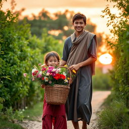 A young villager dressed simply, with a warm smile, assisting a shy girl struggling to carry a basket full of flowers
