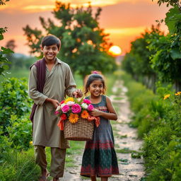 A young villager dressed simply, with a warm smile, assisting a shy girl struggling to carry a basket full of flowers