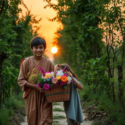 A young villager dressed simply, with a warm smile, assisting a shy girl struggling to carry a basket full of flowers