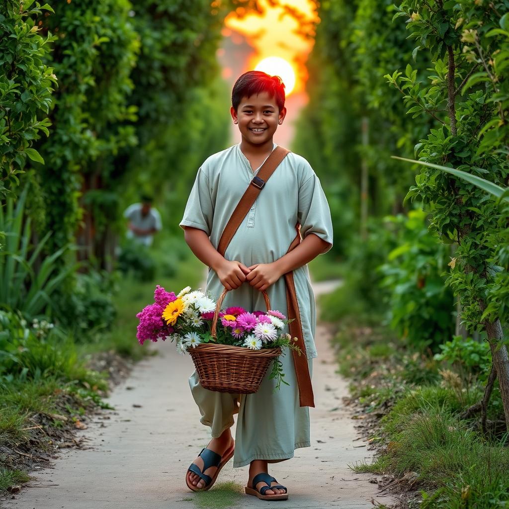 A young villager dressed simply, with a warm smile, assisting a shy girl struggling to carry a basket full of flowers