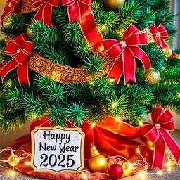 A beautifully decorated Christmas tree featuring a vibrant green and red theme, adorned with golden accents
