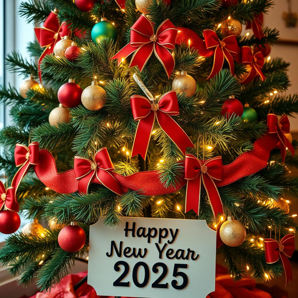 A beautifully decorated Christmas tree featuring a vibrant green and red theme, adorned with golden accents