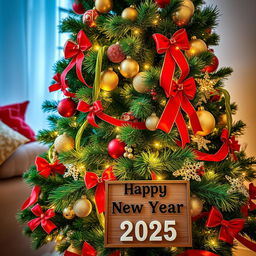 A beautifully decorated Christmas tree featuring a vibrant green and red theme, adorned with golden accents
