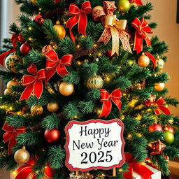 A beautifully decorated Christmas tree featuring a vibrant green and red theme, adorned with golden accents