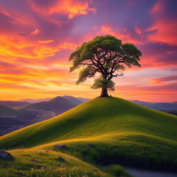 A picturesque view of a tranquil hill landscape at sunset, vibrant orange and purple skies blending elegantly, soft rolling hills covered with lush green grass and wildflowers, a solitary tree with a thick trunk and expansive leaves standing proudly on the hilltop, a calm river winding through the valley below reflecting the colors of the sky, birds soaring in the distance, evoking a sense of peace and serenity