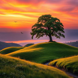 A picturesque view of a tranquil hill landscape at sunset, vibrant orange and purple skies blending elegantly, soft rolling hills covered with lush green grass and wildflowers, a solitary tree with a thick trunk and expansive leaves standing proudly on the hilltop, a calm river winding through the valley below reflecting the colors of the sky, birds soaring in the distance, evoking a sense of peace and serenity