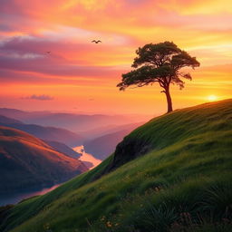 A picturesque view of a tranquil hill landscape at sunset, vibrant orange and purple skies blending elegantly, soft rolling hills covered with lush green grass and wildflowers, a solitary tree with a thick trunk and expansive leaves standing proudly on the hilltop, a calm river winding through the valley below reflecting the colors of the sky, birds soaring in the distance, evoking a sense of peace and serenity