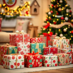 A beautifully arranged display of assorted holiday gifts in vibrant wrapping paper