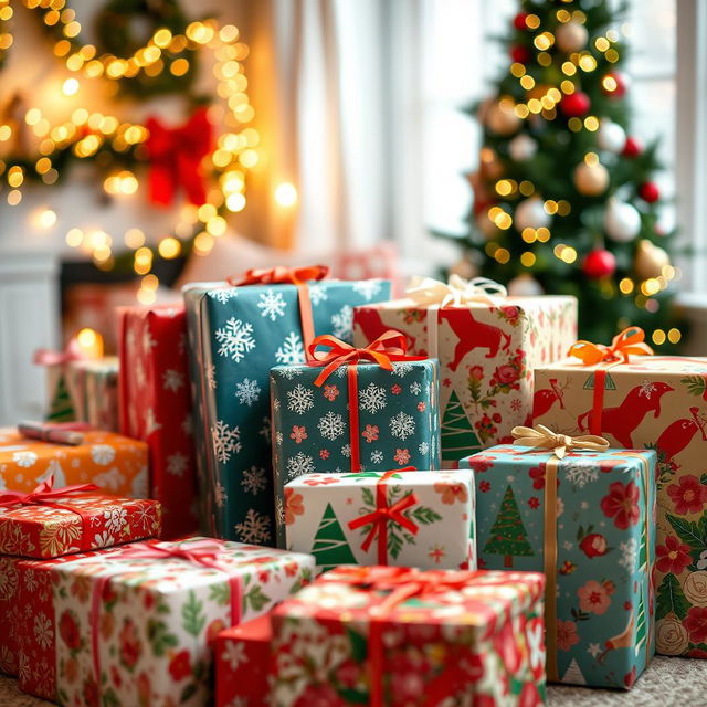 A beautifully arranged display of assorted holiday gifts in vibrant wrapping paper