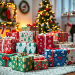 A beautifully arranged display of assorted holiday gifts in vibrant wrapping paper