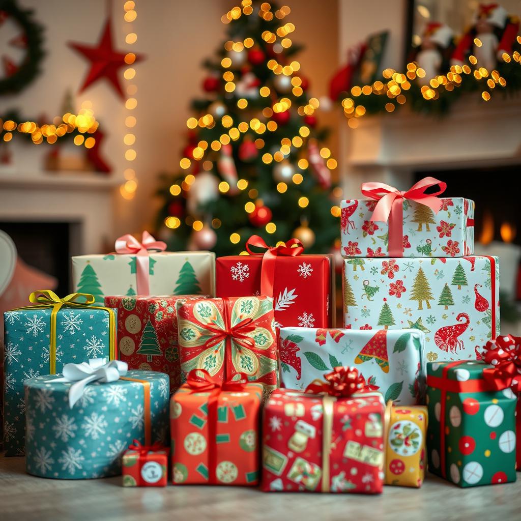 A beautifully arranged display of assorted holiday gifts in vibrant wrapping paper