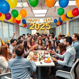 A vibrant office scene celebrating the New Year 2025, decorated with colorful balloons, streamers, and a banner reading 'Happy New Year 2025'