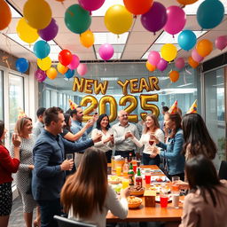 A vibrant office scene celebrating the New Year 2025, decorated with colorful balloons, streamers, and a banner reading 'Happy New Year 2025'