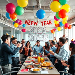 A vibrant office scene celebrating the New Year 2025, decorated with colorful balloons, streamers, and a banner reading 'Happy New Year 2025'