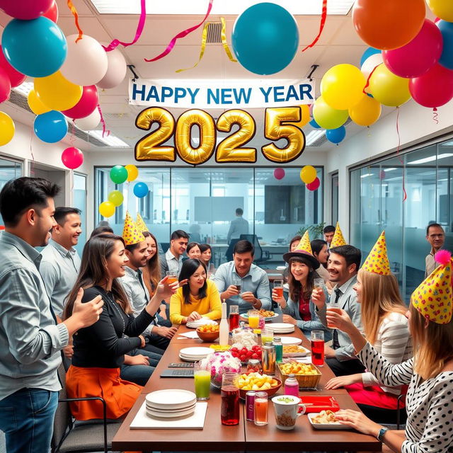 A vibrant office scene celebrating the New Year 2025, decorated with colorful balloons, streamers, and a banner reading 'Happy New Year 2025'