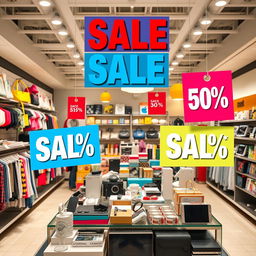 A visually striking store display showcasing a variety of products with eye-catching discount signs