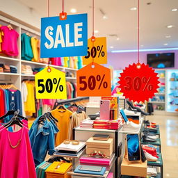 A visually striking store display showcasing a variety of products with eye-catching discount signs