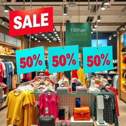 A visually striking store display showcasing a variety of products with eye-catching discount signs