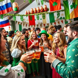 A vibrant festival scene showcasing Russians and Irish people joyfully celebrating together