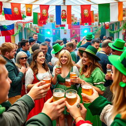 A vibrant festival scene showcasing Russians and Irish people joyfully celebrating together