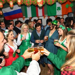 A vibrant festival scene showcasing Russians and Irish people joyfully celebrating together