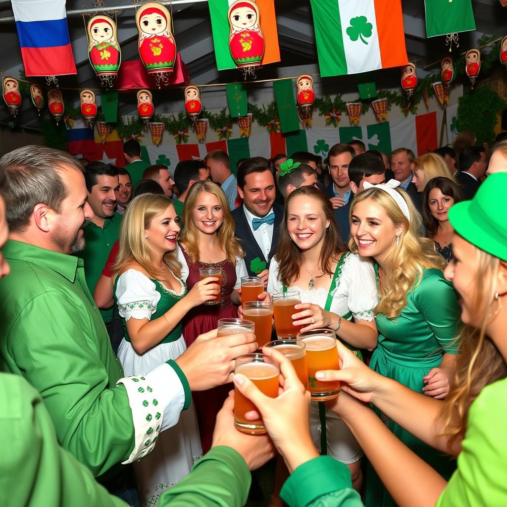 A vibrant festival scene showcasing Russians and Irish people joyfully celebrating together