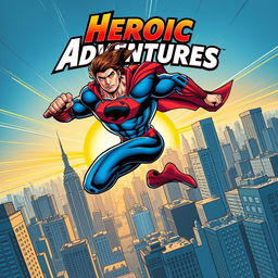 A dynamic comic book cover featuring a powerful superhero in action, mid-leap over a bustling city skyline
