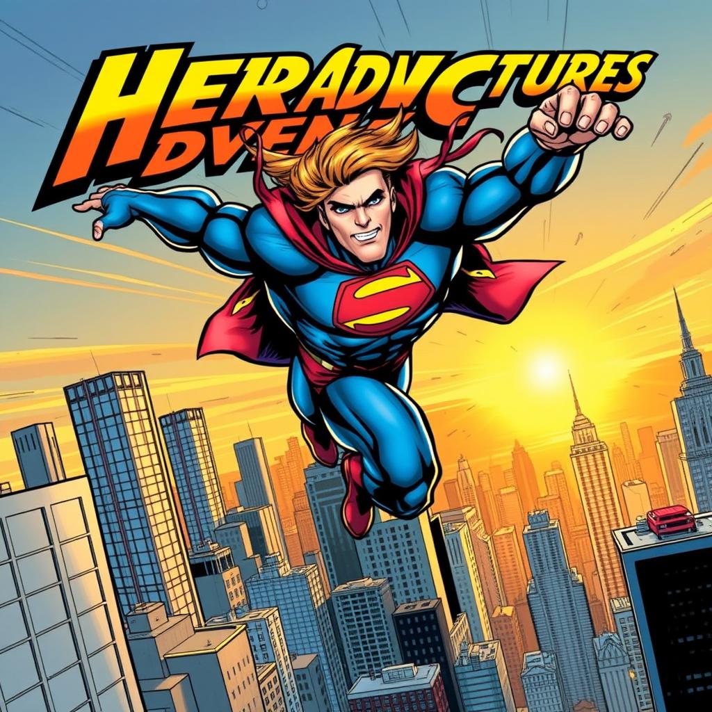 A dynamic comic book cover featuring a powerful superhero in action, mid-leap over a bustling city skyline