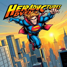 A dynamic comic book cover featuring a powerful superhero in action, mid-leap over a bustling city skyline