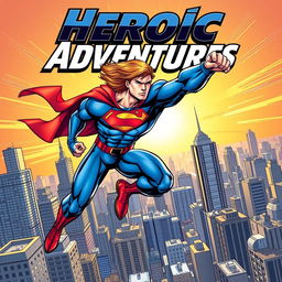 A dynamic comic book cover featuring a powerful superhero in action, mid-leap over a bustling city skyline