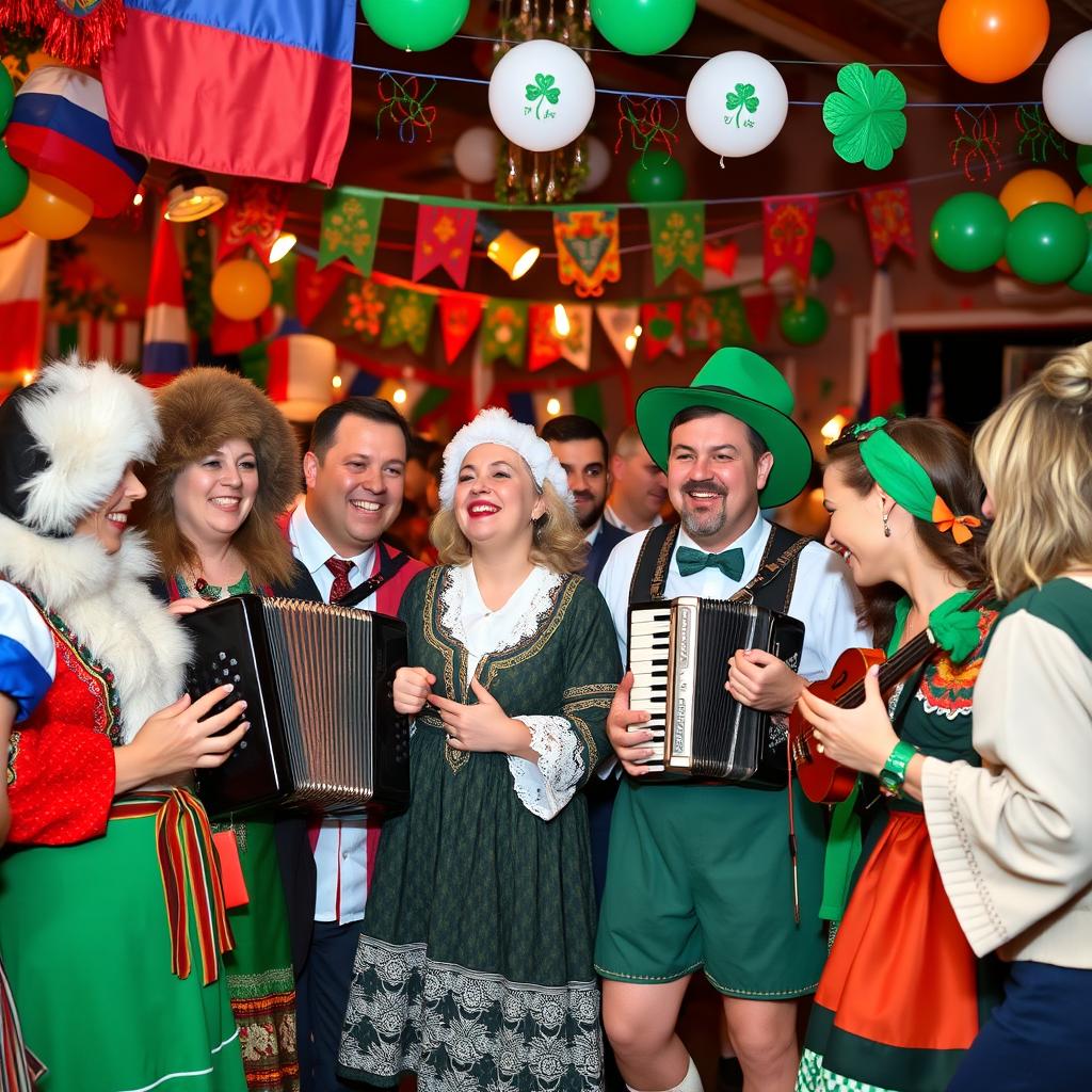 A lively scene depicting Russians and Irish people celebrating together in a vibrant festival atmosphere