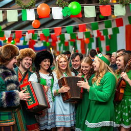 A lively scene depicting Russians and Irish people celebrating together in a vibrant festival atmosphere