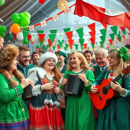 A lively scene depicting Russians and Irish people celebrating together in a vibrant festival atmosphere