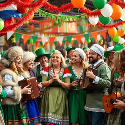 A lively scene depicting Russians and Irish people celebrating together in a vibrant festival atmosphere