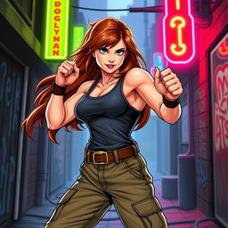 A vibrant illustration of Marian Kelly, a strong and confident fighter from the classic video game Double Dragon