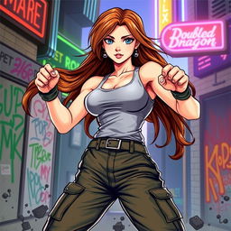A vibrant illustration of Marian Kelly, a strong and confident fighter from the classic video game Double Dragon