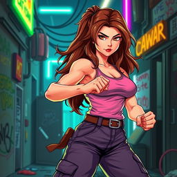 A vibrant illustration of Marian Kelly, a strong and confident fighter from the classic video game Double Dragon