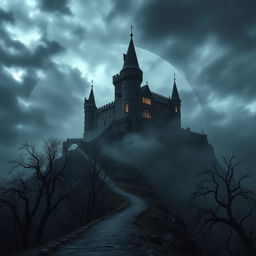 A cold, dark castle perched ominously on a dramatic hill, surrounded by swirling mist and shadowy trees