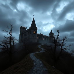 A cold, dark castle perched ominously on a dramatic hill, surrounded by swirling mist and shadowy trees