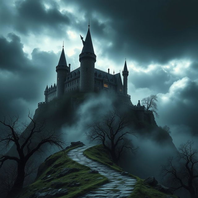 A cold, dark castle perched ominously on a dramatic hill, surrounded by swirling mist and shadowy trees