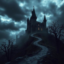 A cold, dark castle perched ominously on a dramatic hill, surrounded by swirling mist and shadowy trees