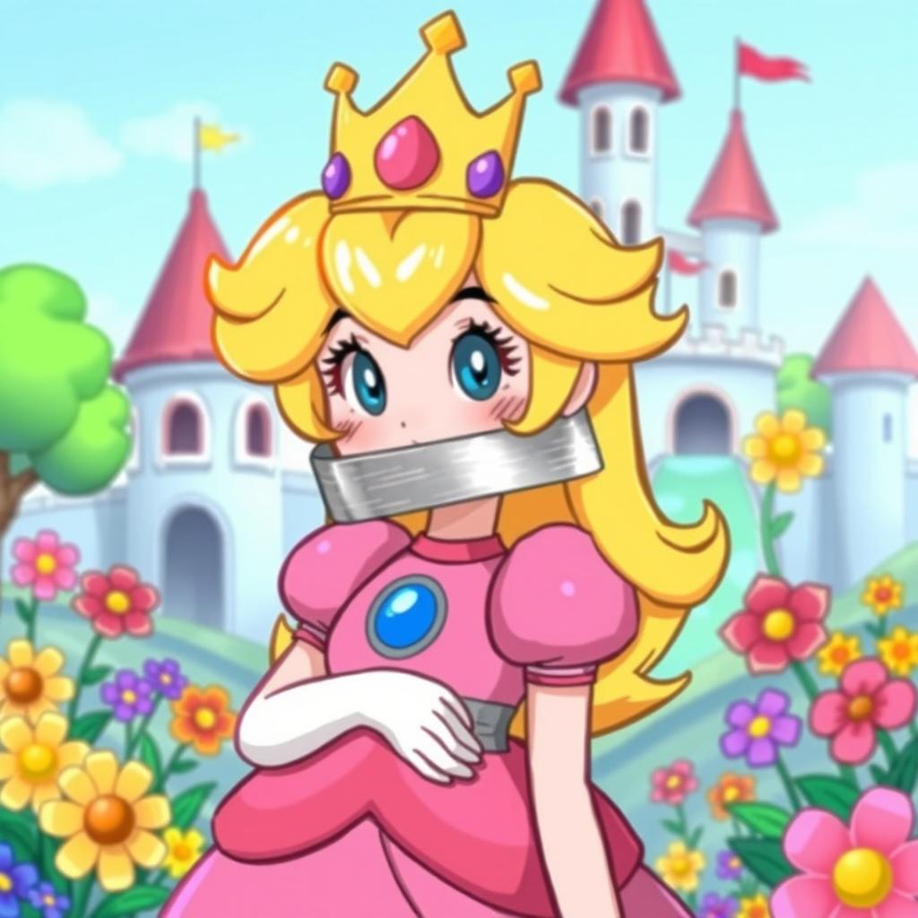 A whimsical and playful illustration of Princess Peach, known from the Mario video game series, playfully tape gagged in a charming fantasy setting