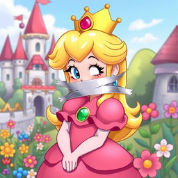 A whimsical and playful illustration of Princess Peach, known from the Mario video game series, playfully tape gagged in a charming fantasy setting