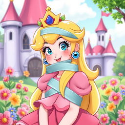 A whimsical and playful illustration of Princess Peach, known from the Mario video game series, playfully tape gagged in a charming fantasy setting