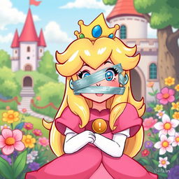 A whimsical and playful illustration of Princess Peach, known from the Mario video game series, playfully tape gagged in a charming fantasy setting