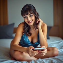A stunning 35-year-old woman on a bed, positioned on her knees and elbows, looking focused as she types on her phone