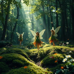 A serene and tranquil forest scene where ethereal fairies flit about